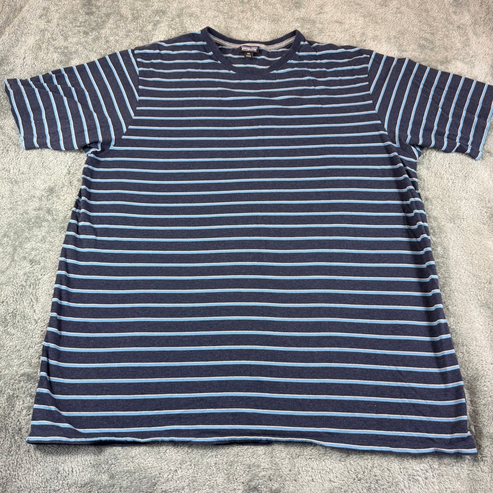 Patagonia Mens XXL Organic Cotton Striped Short Sleeve T-Shirt Navy Blue‎ 52440